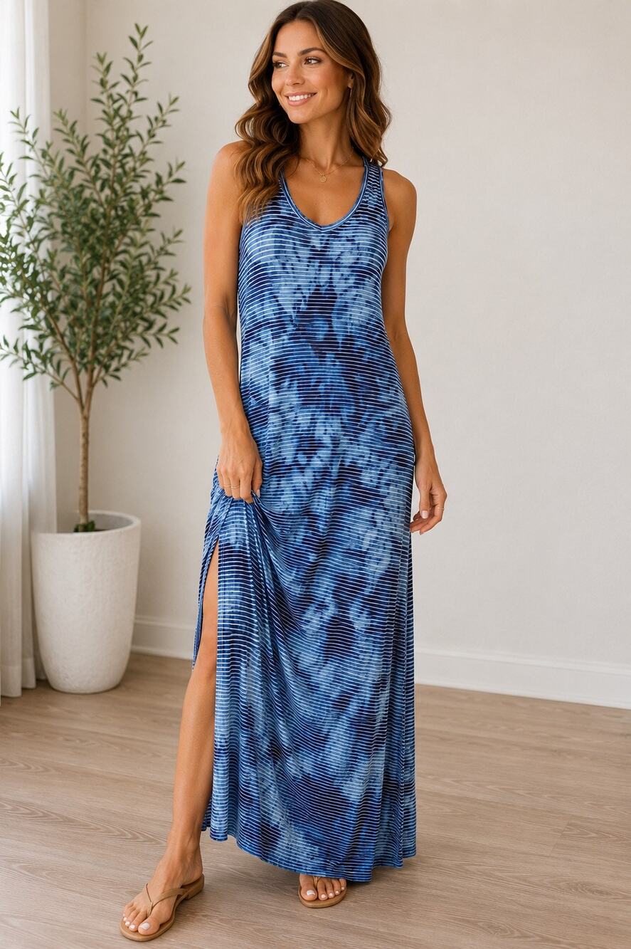 Fleur Bleue Blue Tie Dye Racerback Maxi Dress Medium Beach Boho Stretch